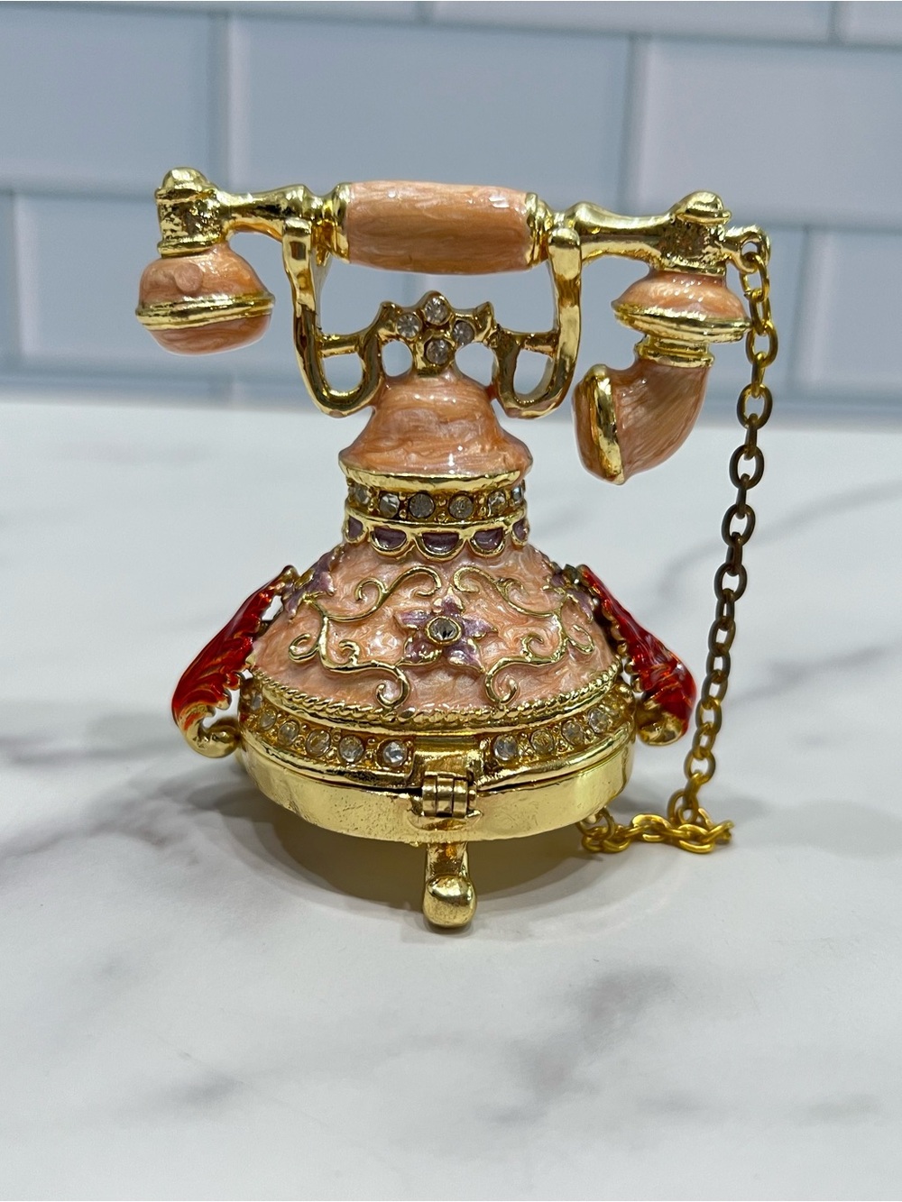 Objet D’Art Bonnie Antique Telephone Trinket Box Pink Gold Enameled & Jeweled - Picture 4 of 7